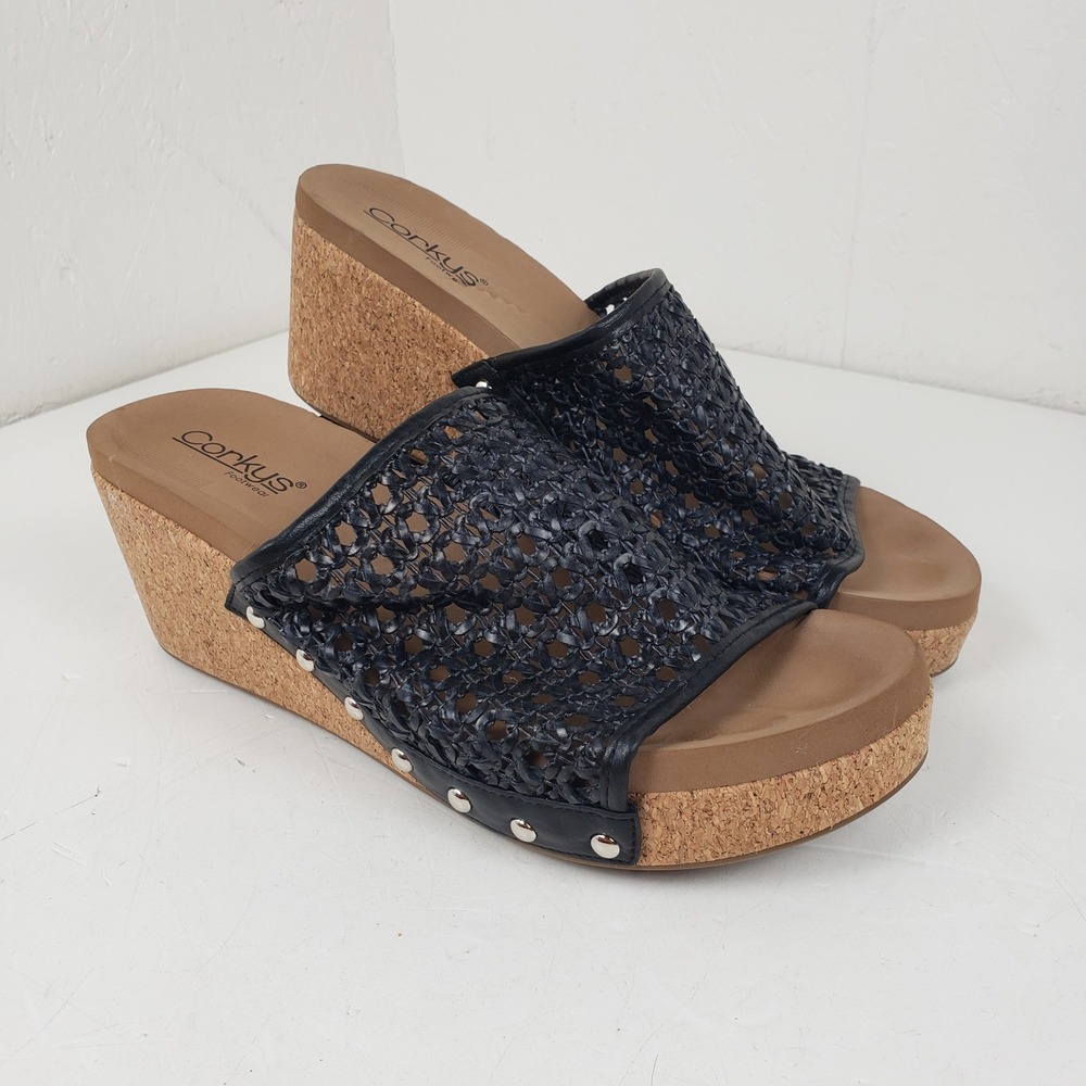 Corkys Vacation Black Woven Studded Cork Wedge Platform Sandals Slides Women 11